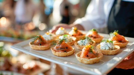 An artful display of miniature savory pastries featuring delicate smoked salmon and herb-infused cream, arranged gracefully on a pristine white tray for a sophisticaの写真素材