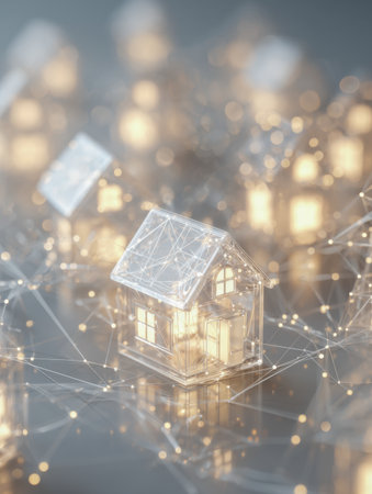 A clear, tiny house radiates a cozy glow, surrounded by a web of luminous nodes and lines illustrating modern digital links and intelligent living systems.の写真素材