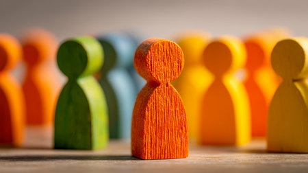A lively display of handcrafted wooden sculptures showing cultural diversity, with a striking orange figure in sharp focus amidst a vibrant, blurred backdrop of oの写真素材
