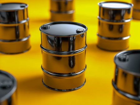 An eye-catching composition featuring smooth, glossy black containers centered against a vivid yellow backdrop, emphasizing sleek industrial design in a contemporaryの写真素材