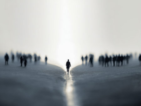 A lone individual strides along a glowing corridor, surrounded by hazy, drifting figures on either side, evoking introspection amid a shrouded, dreamy setting.の写真素材