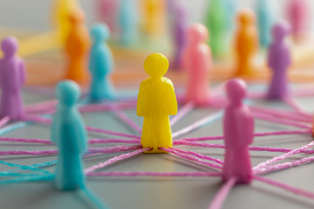 Vibrant wooden figures linked by tangled strings express unity, collaboration, and dynamic connections vital for building strong organizational networks.の写真素材