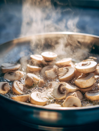 Juicy mushroom slices gently cook in a hot, fragrant broth, their surface shimmering under soft daylight, embodying a wholesome culinary moment.の写真素材