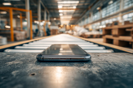 A sleek smartphone rests on a moving conveyor in a large-scale manufacturing facility, with out-of-focus industrial equipment and storage units in the background.の写真素材