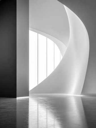 An elegant contemporary space showcasing a sleek curved wall and towering glass panels that flood the room with daylight, mirroring off a glossy floor for a serene aの写真素材