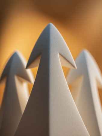 Sleek white arrow figures arranged dynamically against a luminous amber glow, embodying forward momentum, clarity, and transformative development.の写真素材