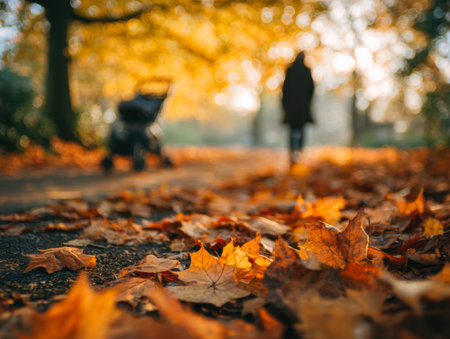 Sunlit amber leaves blanket a tranquil park trail, with a gentle presence strolling and a stroller in soft focus, embodying serene autumn?s quiet charm.の写真素材