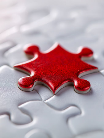 A vibrant red puzzle piece seamlessly connects with a sleek, matte white background, illustrating insights into collaboration, innovation, and strategic alignment.の写真素材