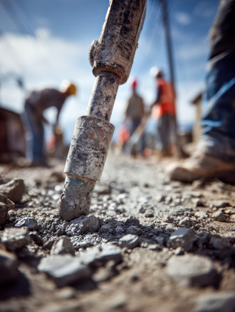 A dynamic scene of laborers maneuvering a powerful excavator to dismantle and remove shattered concrete, under bright sunlight on an active urban construction zone.の写真素材