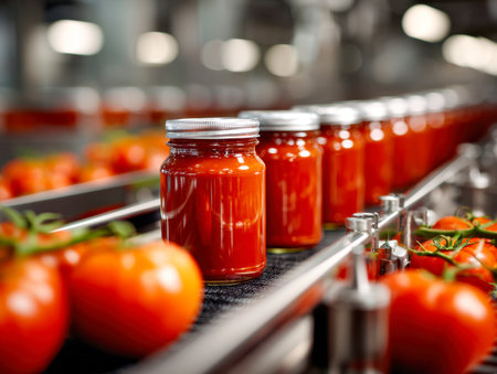Bright red sauces gleam in transparent jars along a sleek conveyor, amid lush ripe tomatoes, capturing the freshness and precision of a contemporary cuisine.の写真素材