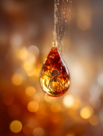 A finely detailed spider rests within a luminous, amber-hued orb, delicately suspended from a fragile silk thread against a soft, warm-lit backdrop that evokes enchaの写真素材