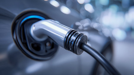 A futuristic scene showing an advanced electric car with a polished metallic finish, linked to a cutting-edge charging station via a glowing blue port.の写真素材
