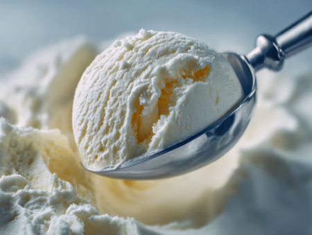 A shiny metal serving spoon cradles a smooth, rounded dollop of vanilla ice cream, set against a softly blurred backdrop of more fluffy frozen delight in a containerの写真素材