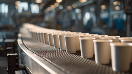 Rows of single-use paper cups glide along a conveyor within a manufacturing facility, illuminated by soft background lighting, creating an industrial atmosphere.の写真素材