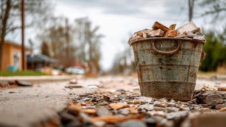 A weathered metal container brimming with discarded scraps rests amid crumbling asphalt and scattered wreckage beneath a overcast sky, evoking urban decay and neglecの写真素材