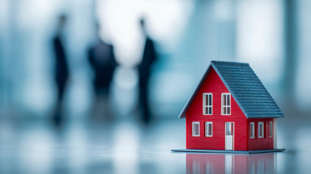A vivid miniature red home resting on a glossy surface, sharply detailed against a blurred backdrop of business experts, representing investment in property markets.の写真素材
