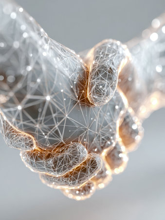 Two cybernetic hands meet in a futuristic embrace, crafted from luminous network lines and nodes, representing innovation, unity, and digital cooperation.の写真素材