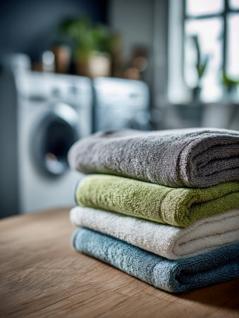 Vibrant towels arranged in tidy stacks amid warm sunlight, with laundry appliances and a welcoming home setting creating a comforting, organized atmosphere.の写真素材