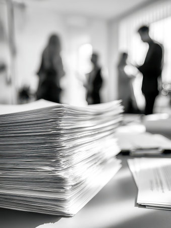 A towering pile of documents dominates the desk, while shadowed figures converse in a sleek, well-lit office environment, capturing dynamic teamwork and busy collaboの写真素材
