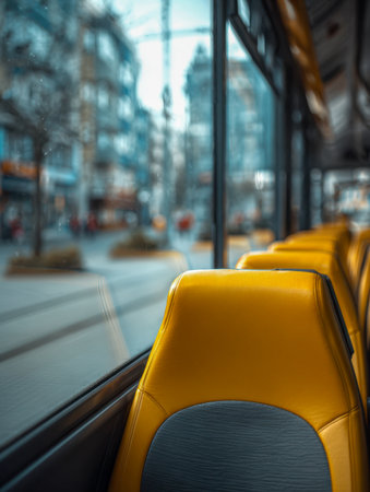 Bright yellow seats line a sleek tram interior, with expansive windows revealing bustling city streets under natural daylight during morning travel.の写真素材