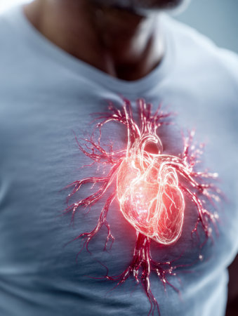 A luminous digital rendering emphasizes the intricate network of blood vessels and the central organ within a human torso, illustrating circulatory pathways in high-の写真素材