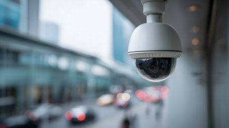 A sleek, contemporary white dome camera oversees a bustling city street, with motion-blurred vehicles and distant high-rises creating a vigilant urban security vibe.の写真素材