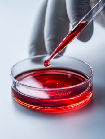 A researcher expertly adds a crimson solution to a scientific tray, amid precise laboratory tools, embodying meticulous experimentation in health and science studiesの写真素材