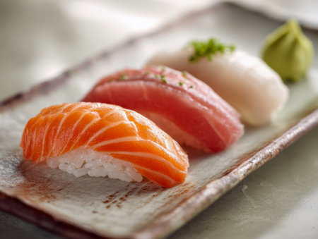 Vibrant slices of salmon, tuna, and white fish rest atop a sleek ceramic dish, paired with a spicy wasabi dollop.の写真素材