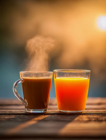 A cozy outdoor setting features a inviting mug of warm coffee alongside a bright glass of citrus juice, basking in gentle sunset glow on weathered wooden planks.の写真素材