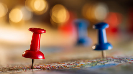 Vibrant paper map adorned with vivid red and blue markers highlights key spots, set against a warm, glowing backdrop of soft golden light and gentle bokeh.の写真素材