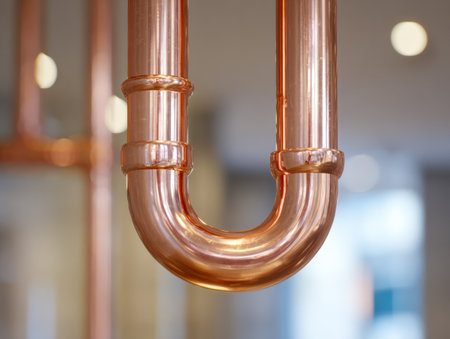 A polished copper pipe with precise U-bend features highlights modern plumbing craftsmanship, set against a softly blurred illuminated interior for a sleek, durableの写真素材