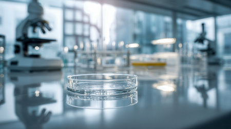 A clear, unfilled laboratory dish rests atop a shining surface amidst state-of-the-art scientific instruments, illuminated by bright lighting in a sleek research environmeの写真素材