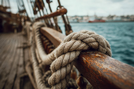 A robust, weathered coil of rope wraps tightly around a polished wooden railing, set against the tranquil sea and distant land, evoking timeless maritime adventure.の写真素材