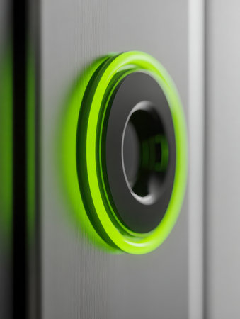 A sophisticated black control element featuring an illuminated green halo, integrated seamlessly into a polished gray metal backdrop, exuding cutting-edge tech elegaの写真素材