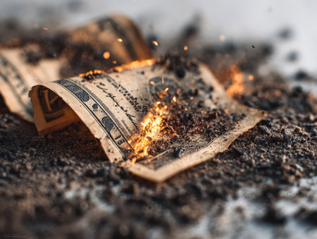 Wounded currency remnants engulfed in flames, surrounded by smoldering debris and rising sparks, evoke themes of ruin, financial collapse, and irreversible loss.の写真素材