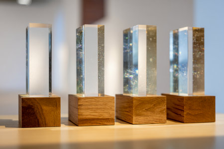 Elegant crystal trophies with warm wooden bases are arranged neatly on a polished surface, illuminated by gentle light that creates delicate shadows and shimmeringの写真素材
