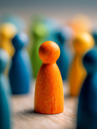 A vibrant array of wooden game tokens in various colors, with a standout orange figure symbolizing uniqueness and leadership within a mixed group.の写真素材