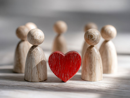 Wooden figurines form a close circle around a fiery crimson heart, illuminated softly to evoke warmth, affection, and a sense of togetherness in a cozy atmosphere.の写真素材