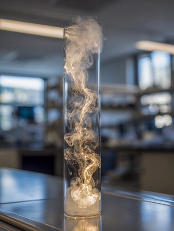 Elegant glass tube filled with luminous amber tendrils, illuminated softly and mirrored on a sleek surface within a contemporary lab environment.の写真素材