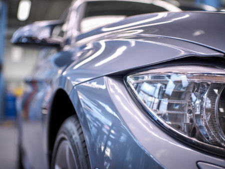 A sleek, reflective blue automotive panel highlights sophisticated design elements, with soft showroom lighting enhancing its glossy finish and subtle reflections.の写真素材