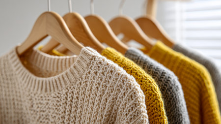 Warm tones and soft textures fill the space as sunlight streams through a window, revealing an inviting display of handcrafted sweaters perfect for autumn days.の写真素材