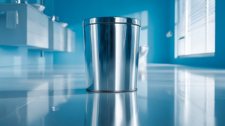 A sleek, polished metal waste container stands on a pristine, glossy tiled surface within a contemporary blue restroom illuminated by gentle sunlight filtering throuの写真素材