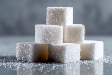 An elegant arrangement of pure white sugar cubes forms a geometric peak, with shimmering granules scattered around on a sleek, reflective surface under gentle natureの写真素材