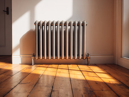 A nostalgic cast iron heater creates intricate shadows on gleaming wood, filling a snug corner with golden sunlight and a cozy, welcoming feel.の写真素材