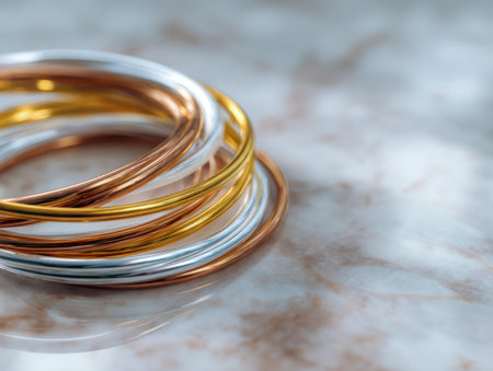 An arrangement of lustrous metal bands in warm amber, rose, and gold hues, artfully layered on a smooth marble slab, evoking contemporary sophistication.の写真素材