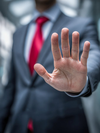 Confident professional in a sleek suit presents a firm stop gesture amid a softly blurred office environment, conveying authority, caution, or disagreement.の写真素材