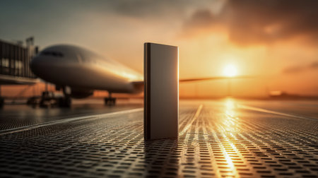 A sleek, compact energy device rests on a runway as the evening sun casts a golden glow, capturing the essence of mobility and power during journeys.の写真素材