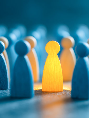 A luminous silhouette rises amid a sea of subdued blue fragments, symbolizing strength and distinction through vibrant energy in a thought-provoking sceneの写真素材