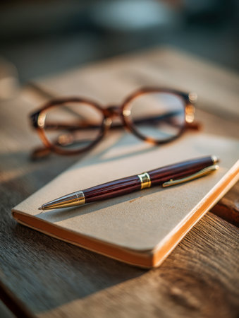 A refined writing instrument gently placed on a shut journal, with retro spectacles softly out of focus behind, bathed in inviting golden daylight on a rustic woodenの写真素材