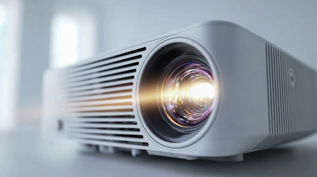 A streamlined hd projector cast a vibrant beam across a minimalistic setup, perfect for cinematic experiences or impactful business displays.の写真素材